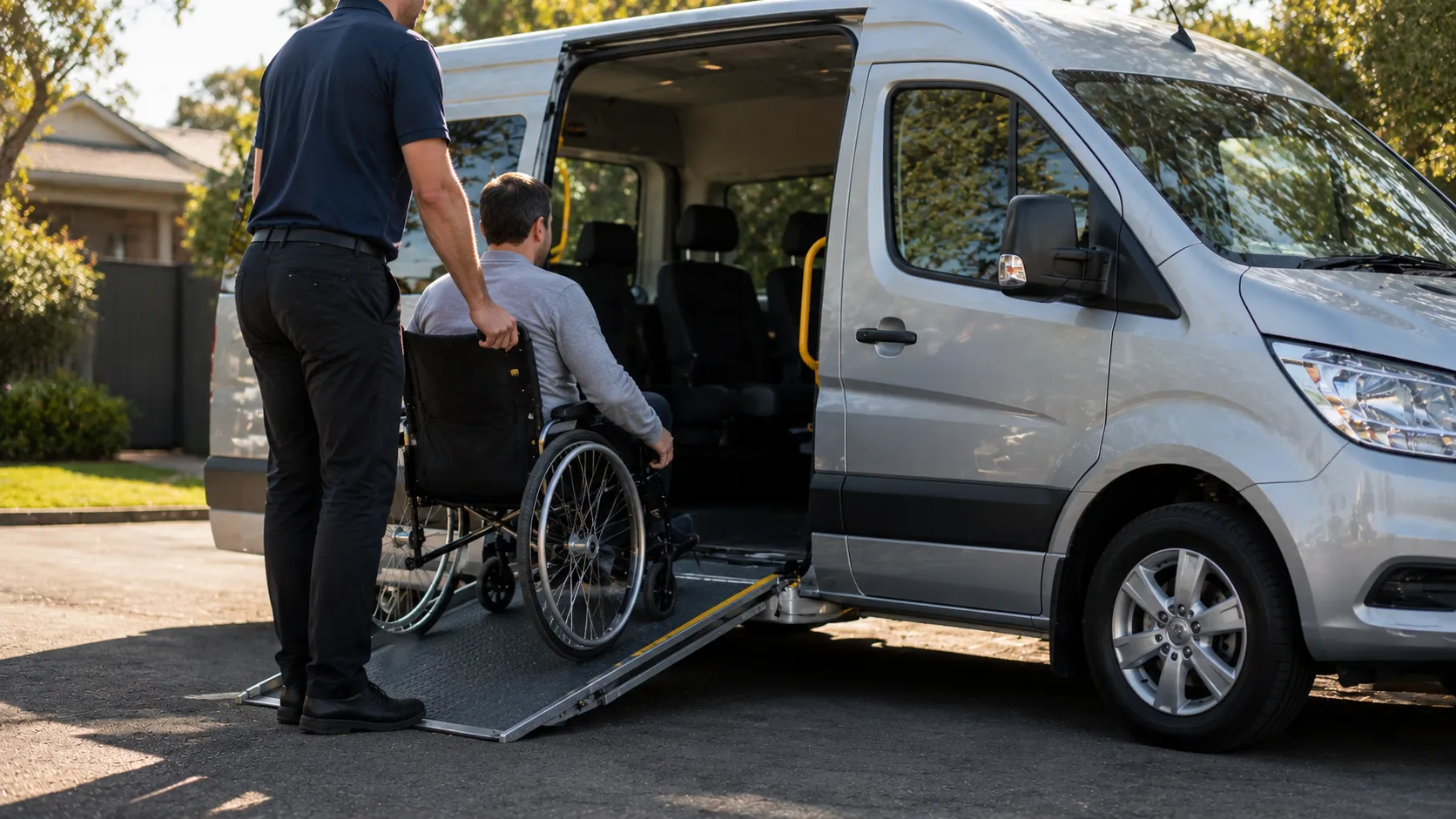 Driver assisting an NDIS participant with a wheelchair into a Melbourne accessible maxi cab