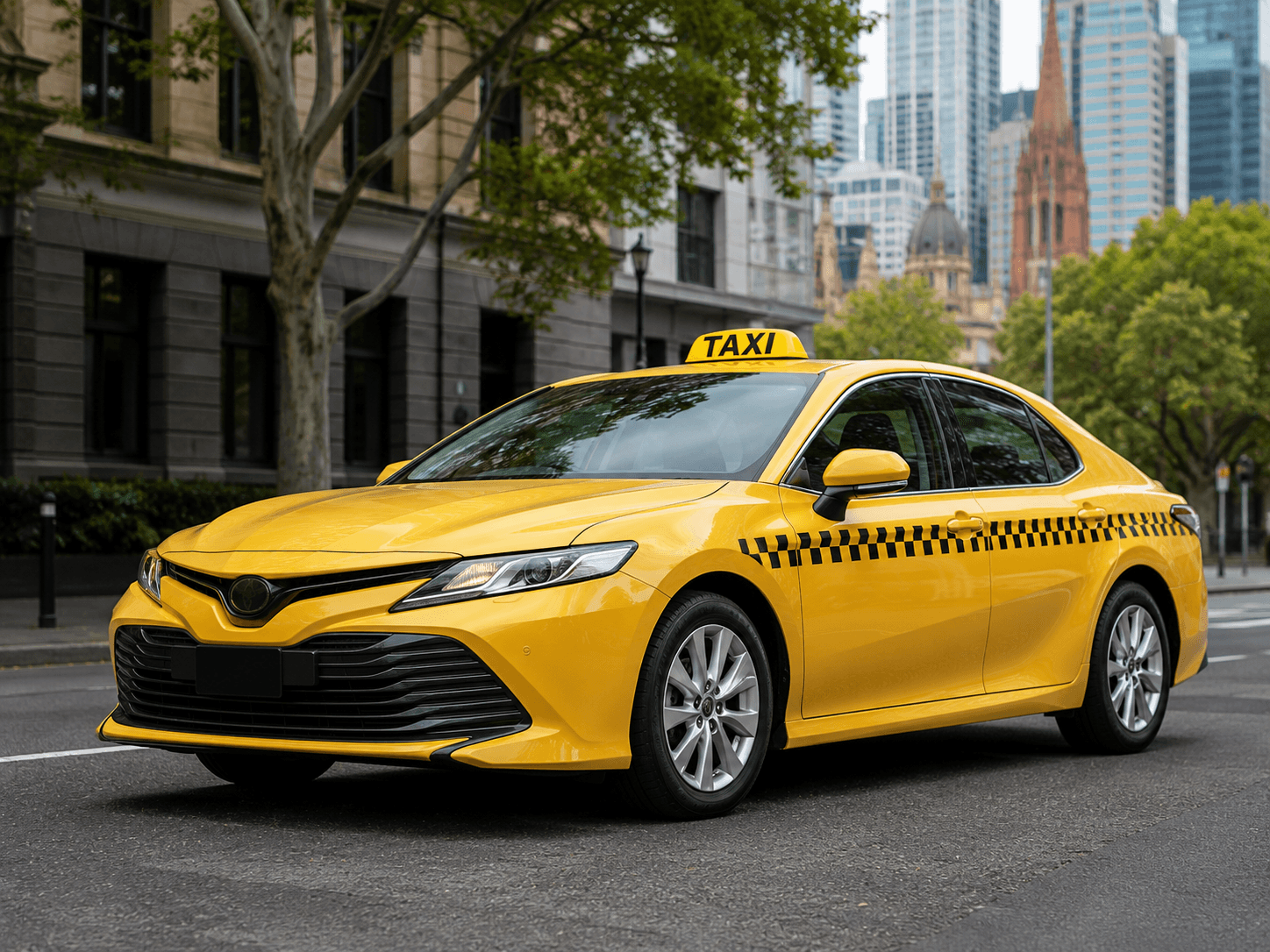 Yellow Melbourne taxi sedan parked on a city street