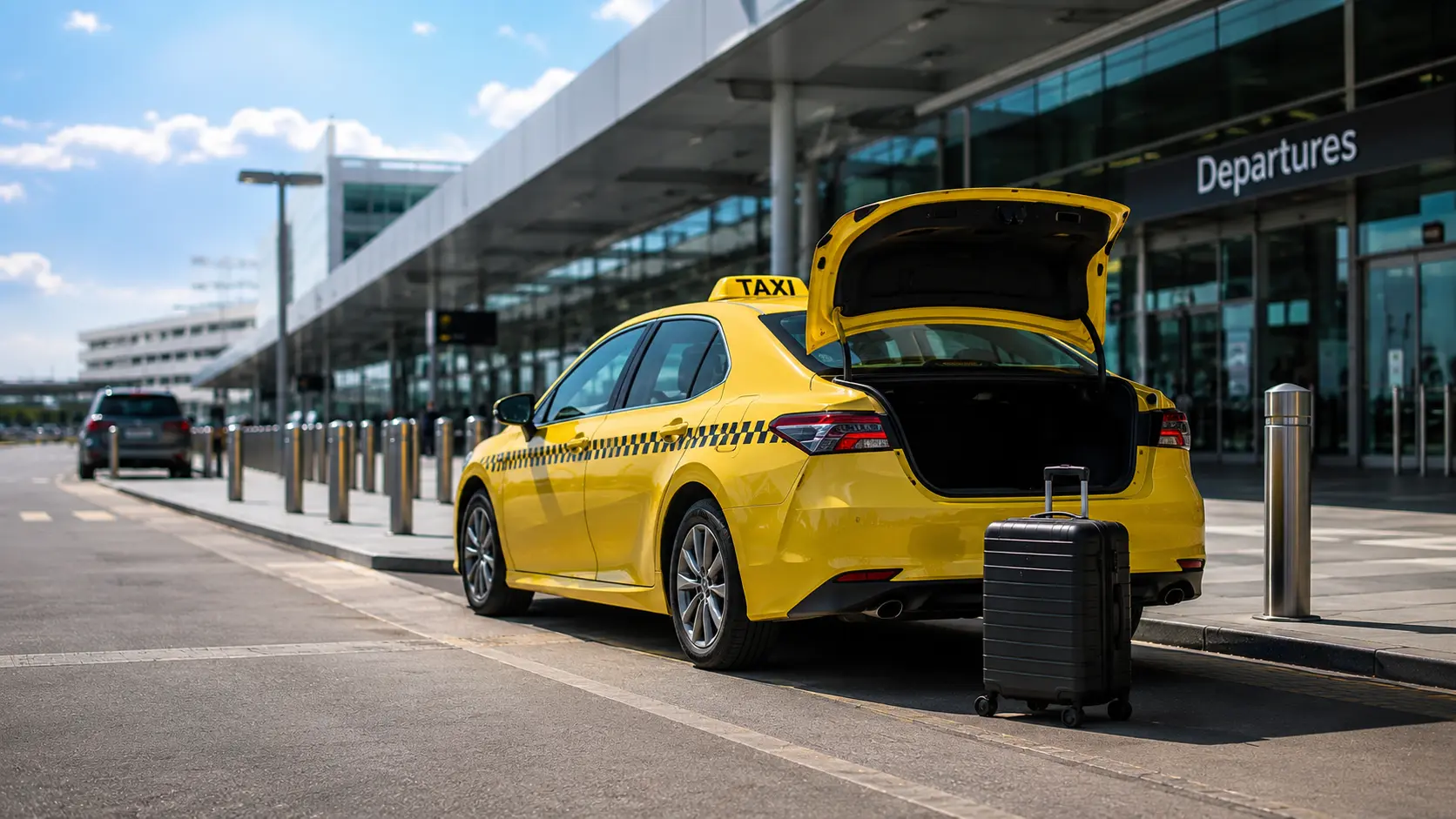 Taxi at the Melbourne Airport (Tullamarine) drop-off terminal with passenger luggage